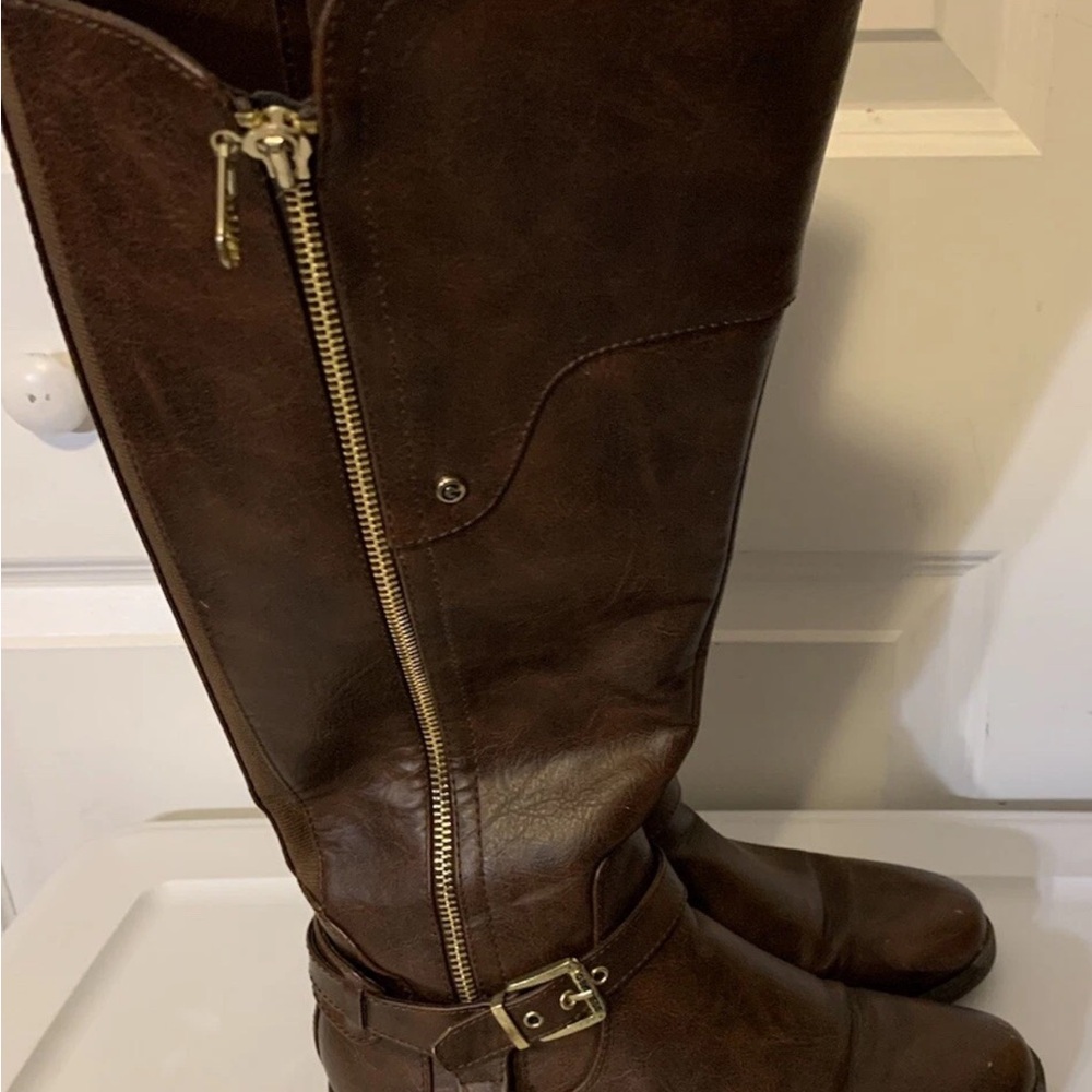 G by Guess womens sz 9M Dark Brown tall riding faux‎ leather buckle zip Boots